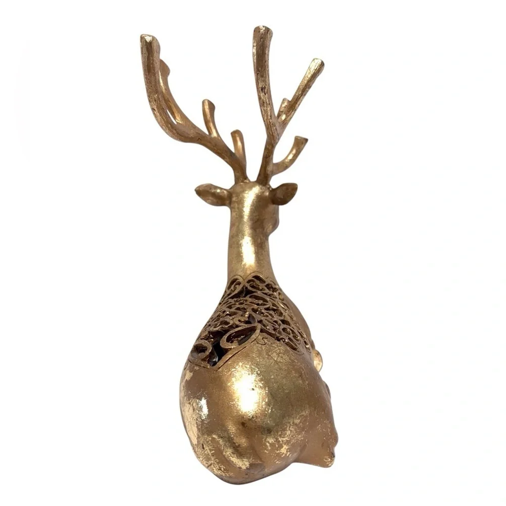 Sitting Filagree Reindeer Figurine Metallic Gold Resin EUC